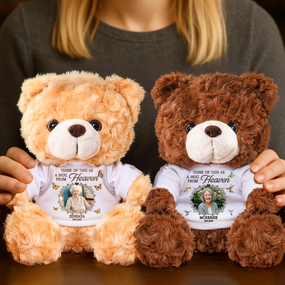 Personalized memorial teddy bear plush with glitter, "A Hug From Heaven" custom keepsake.