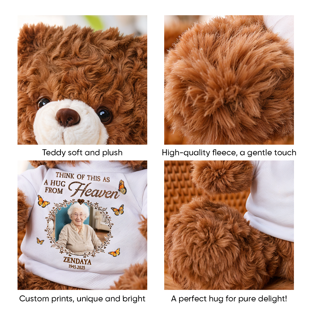 Personalized memorial teddy bear plush with glitter, "A Hug From Heaven" custom keepsake.