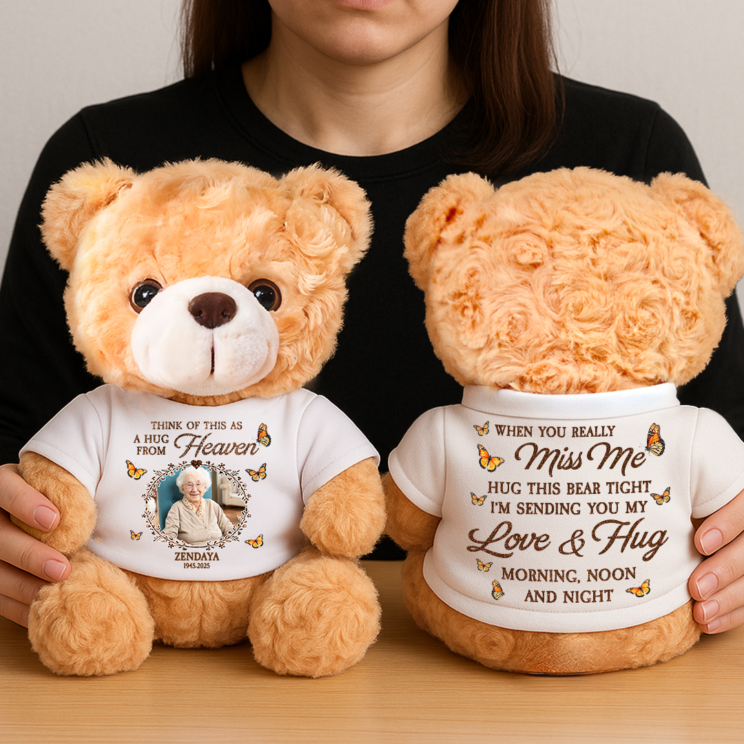 Personalized memorial teddy bear plush with glitter, "A Hug From Heaven" custom keepsake.