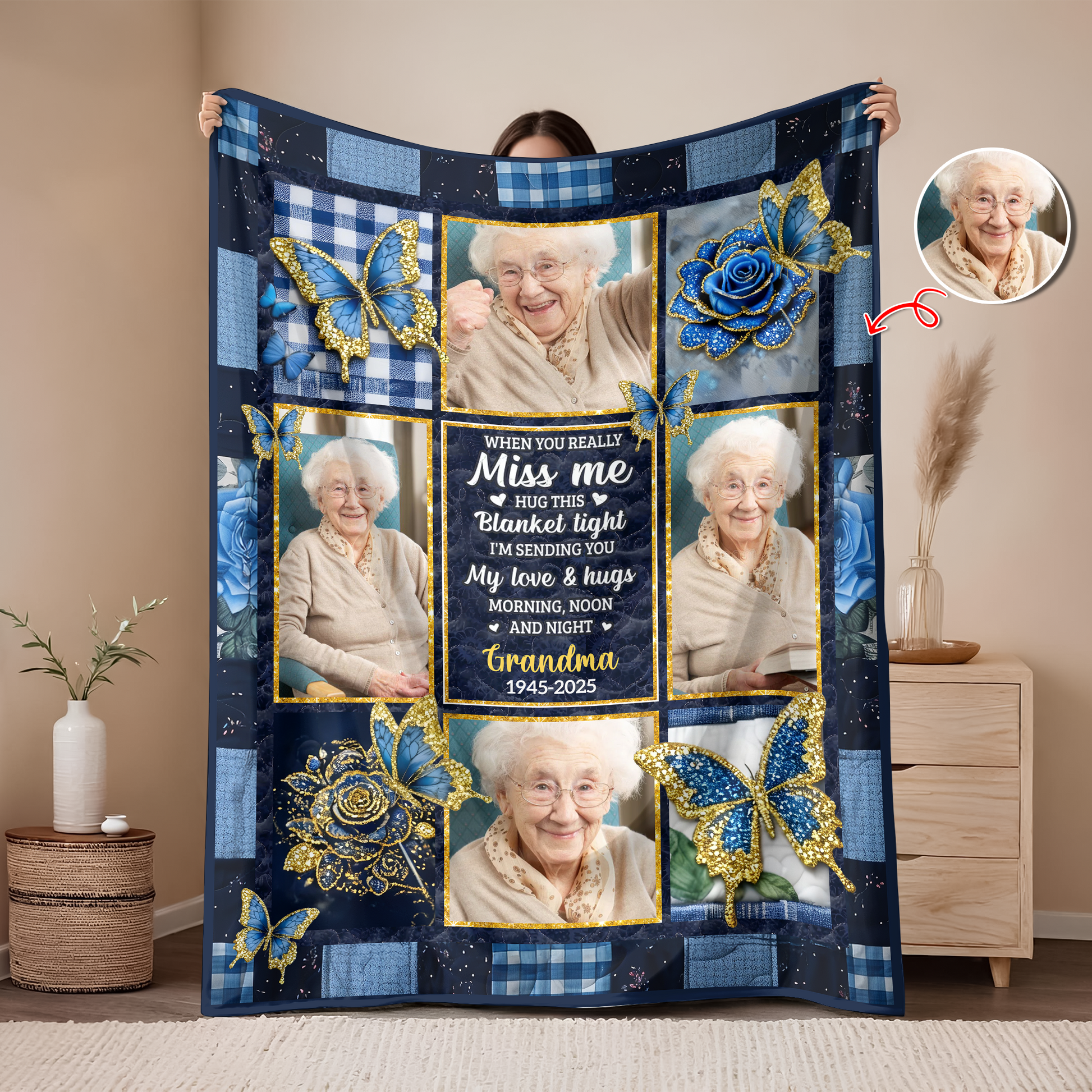 A Hug From Heaven Memorial Blanket with golden flowers, a personalized comforting keepsake.