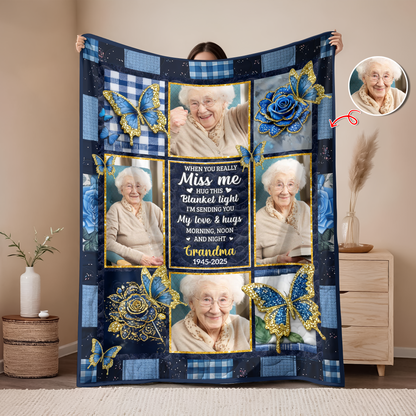 A Hug From Heaven Memorial Blanket with golden flowers, a personalized comforting keepsake.