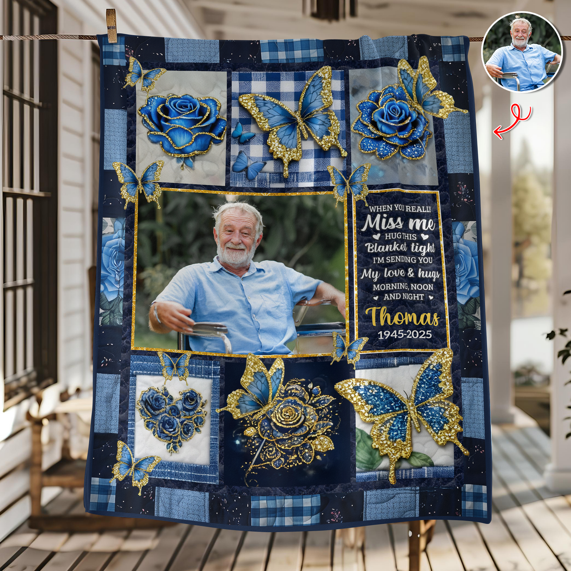 A Hug From Heaven Memorial Blanket with golden flowers, a personalized comforting keepsake.
