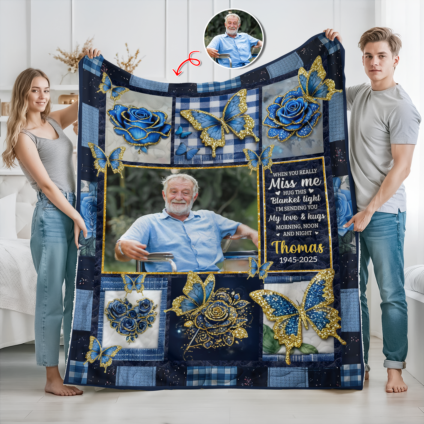 A Hug From Heaven Memorial Blanket with golden flowers, a personalized comforting keepsake.