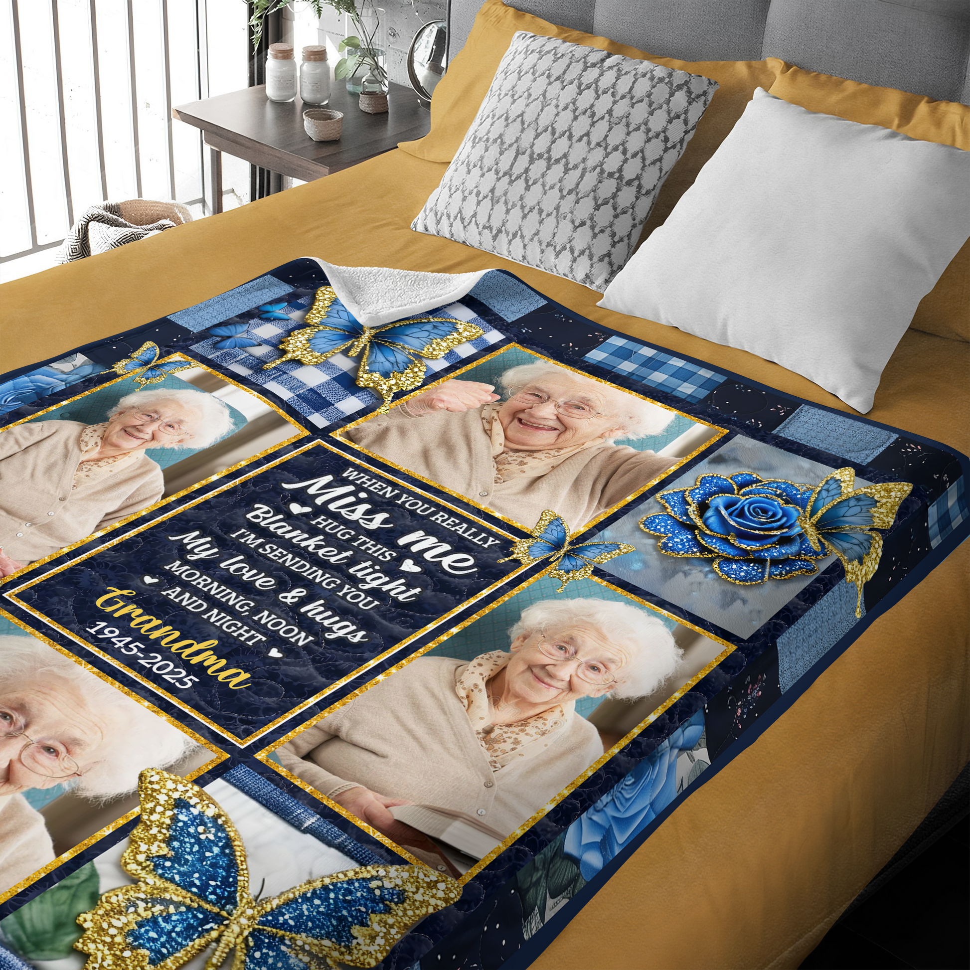 A Hug From Heaven Memorial Blanket with golden flowers, a personalized comforting keepsake.