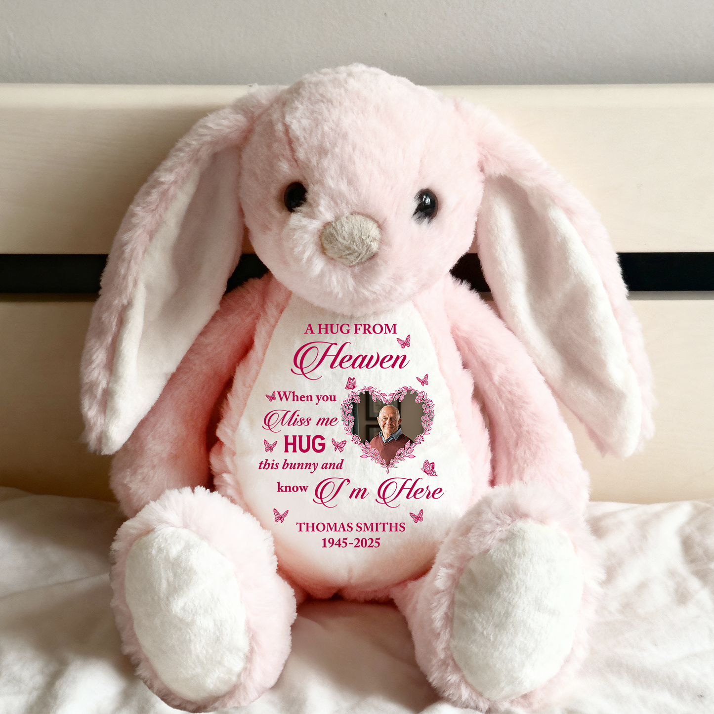Personalized "A Hug From Heaven" memorial plush bunny rabbit - comforting bereavement gift.