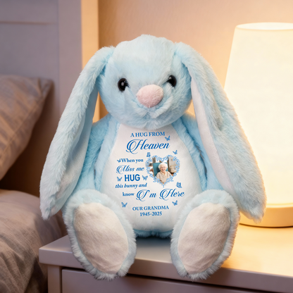 Personalized "A Hug From Heaven" memorial plush bunny rabbit - comforting bereavement gift.