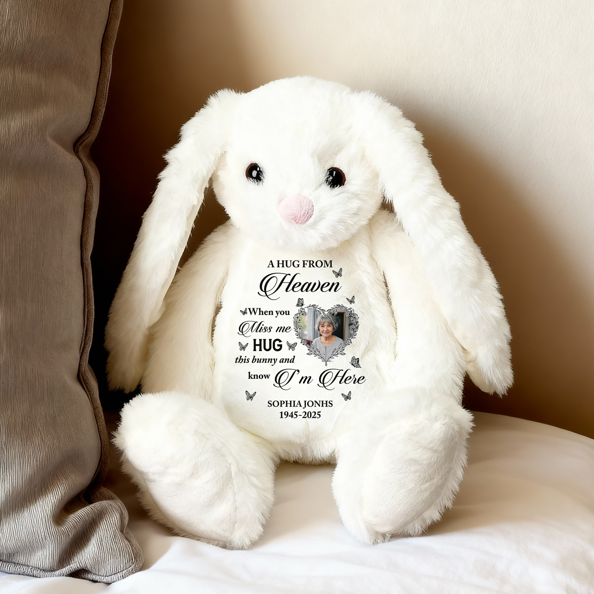 Personalized "A Hug From Heaven" memorial plush bunny rabbit - comforting bereavement gift.