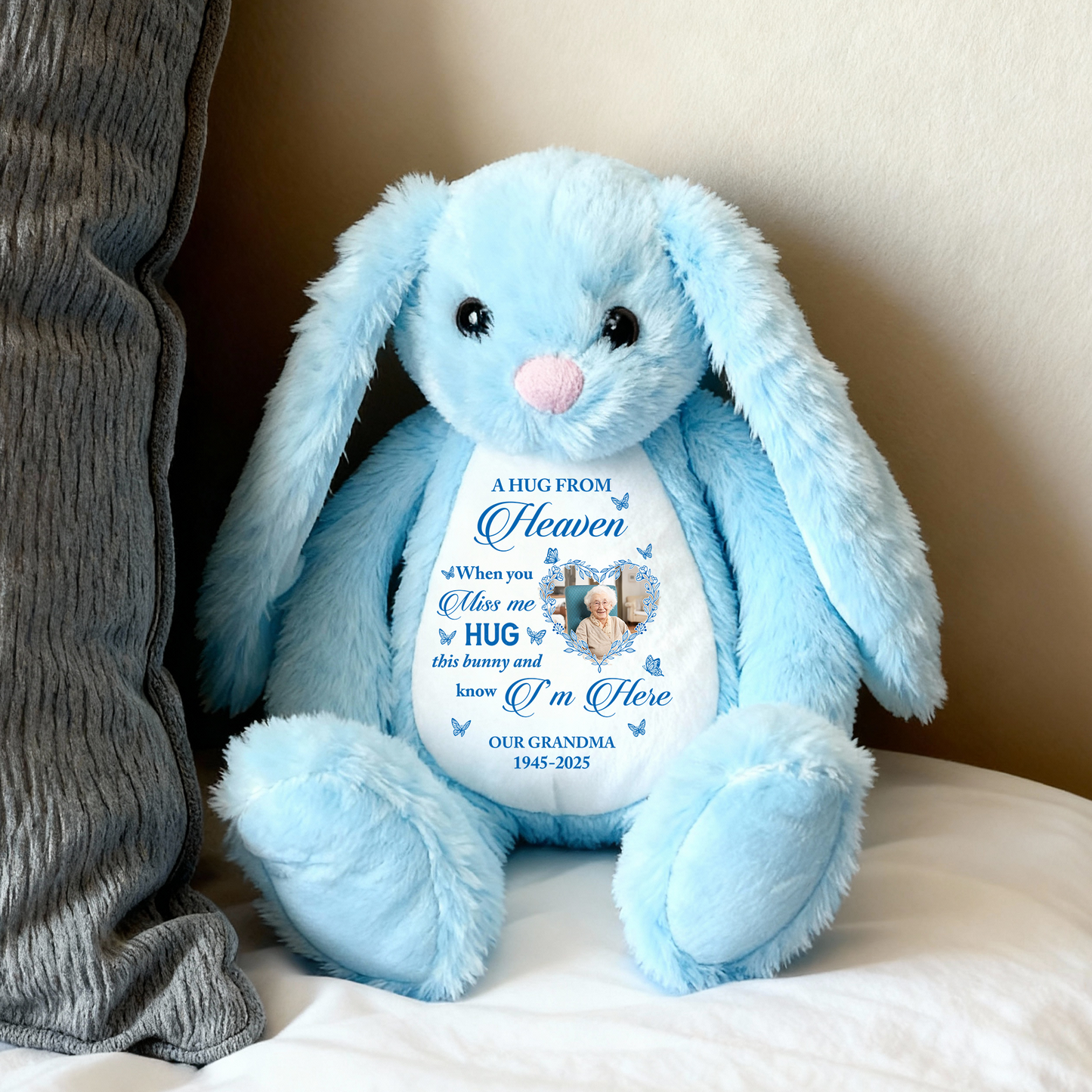 Personalized "A Hug From Heaven" memorial plush bunny rabbit - comforting bereavement gift.