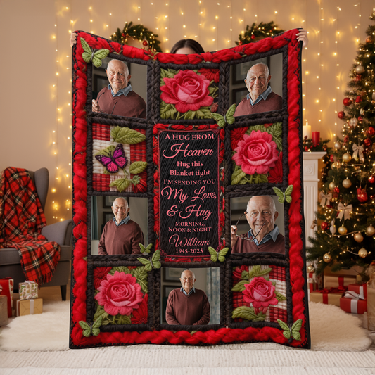 A Hug From Heaven memorial blanket featuring rose yarn crochet, personalized for a heartfelt custom gift.