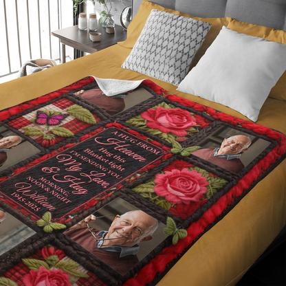 A Hug From Heaven memorial blanket featuring rose yarn crochet, personalized for a heartfelt custom gift.