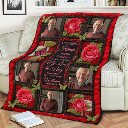 A Hug From Heaven memorial blanket featuring rose yarn crochet, personalized for a heartfelt custom gift.