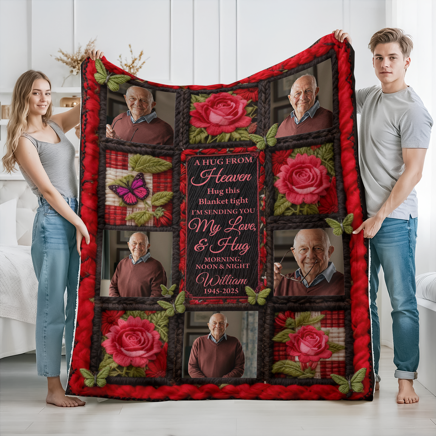 A Hug From Heaven memorial blanket featuring rose yarn crochet, personalized for a heartfelt custom gift.