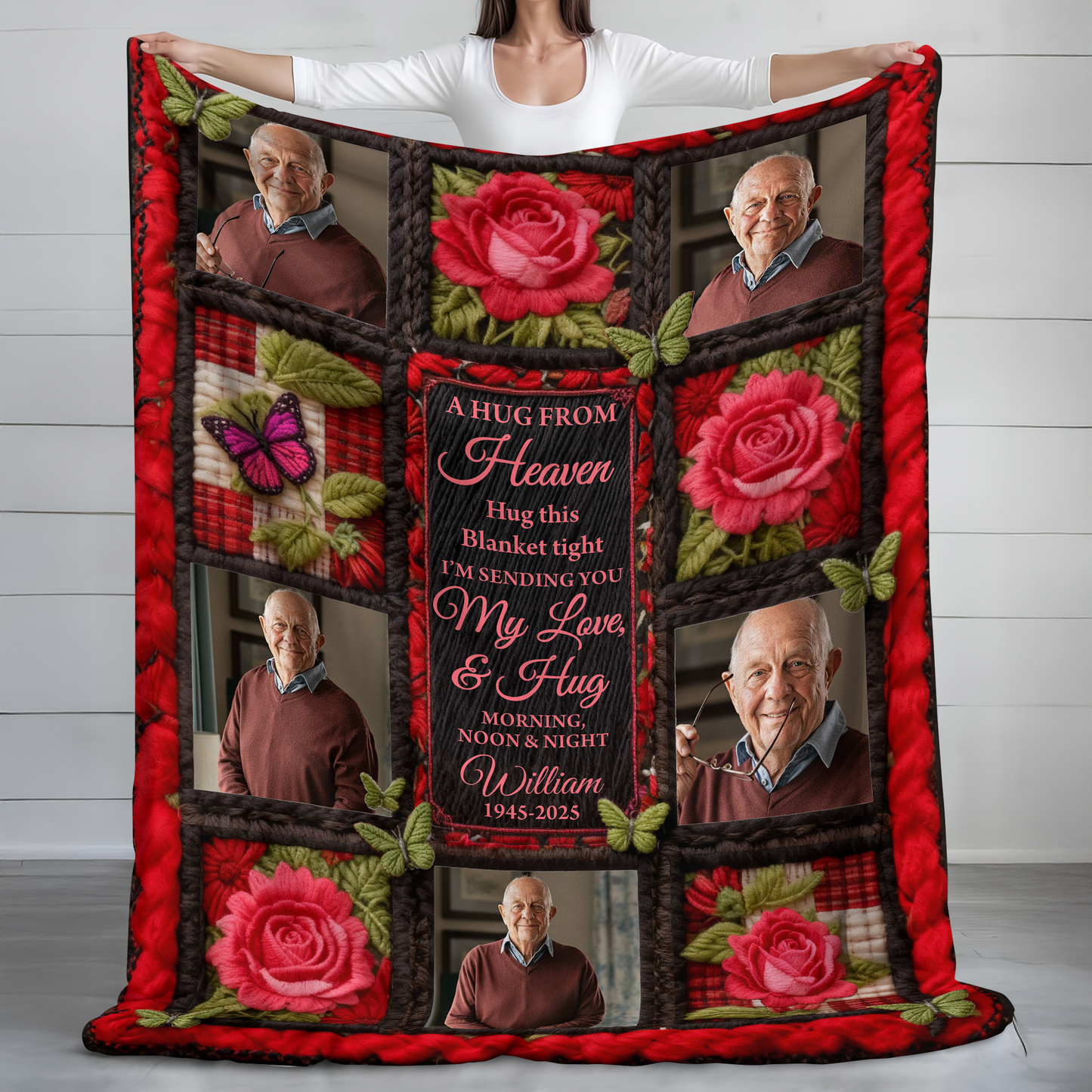 A Hug From Heaven memorial blanket featuring rose yarn crochet, personalized for a heartfelt custom gift.