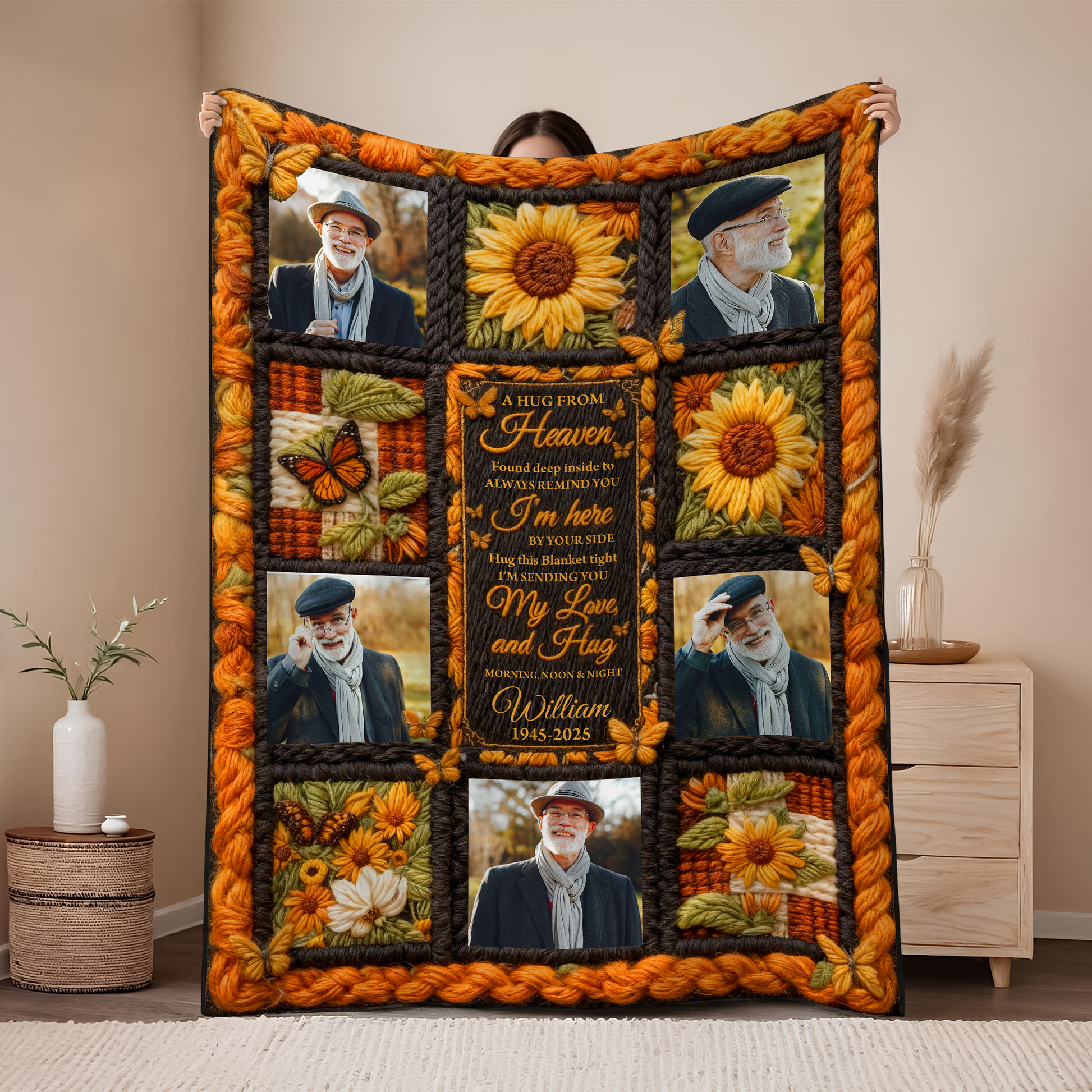 Personalized "A Hug From Heaven" sunflower yarn crochet memorial blanket.