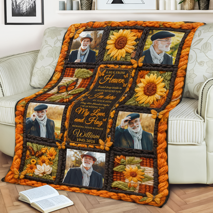 Personalized "A Hug From Heaven" sunflower yarn crochet memorial blanket.