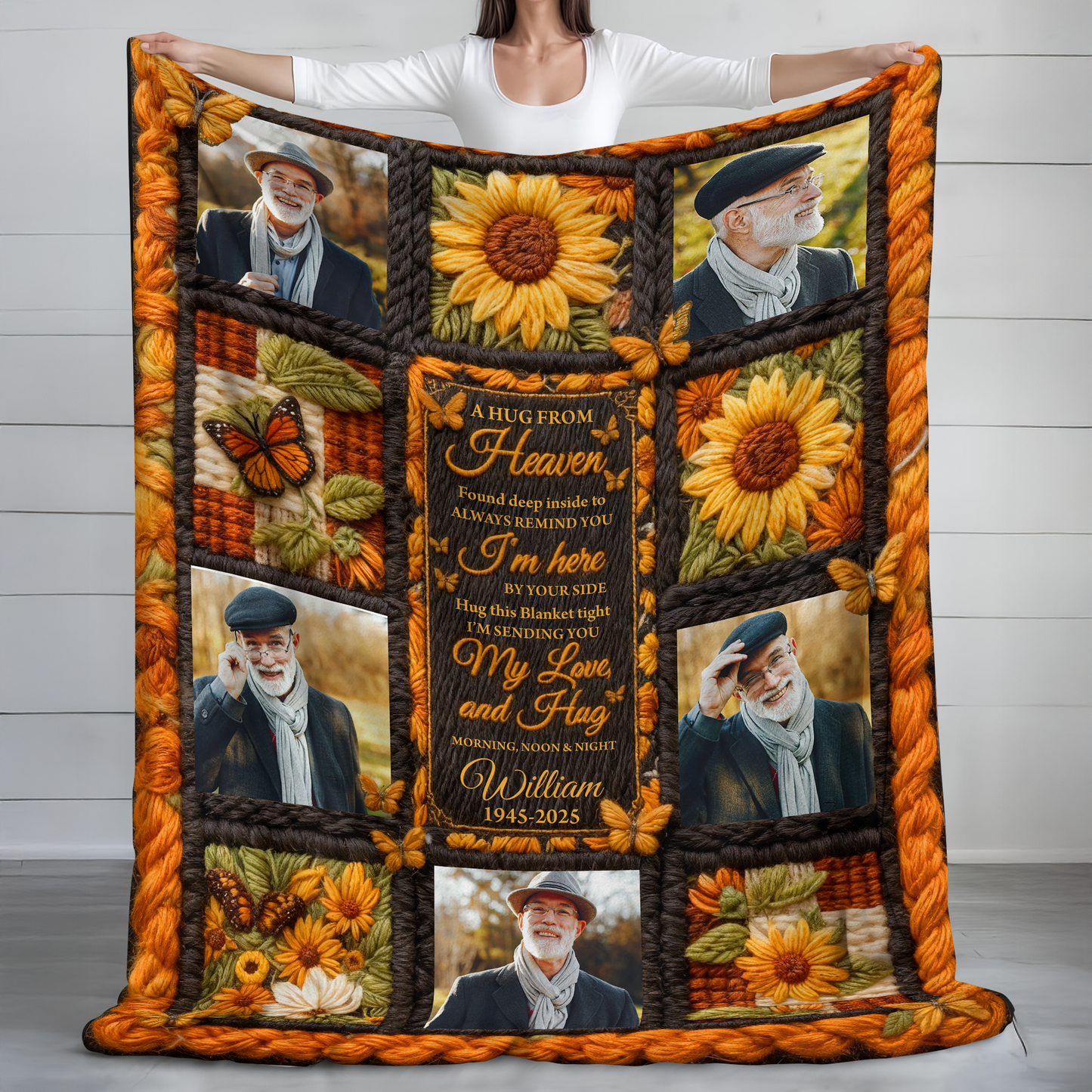 Personalized "A Hug From Heaven" sunflower yarn crochet memorial blanket.