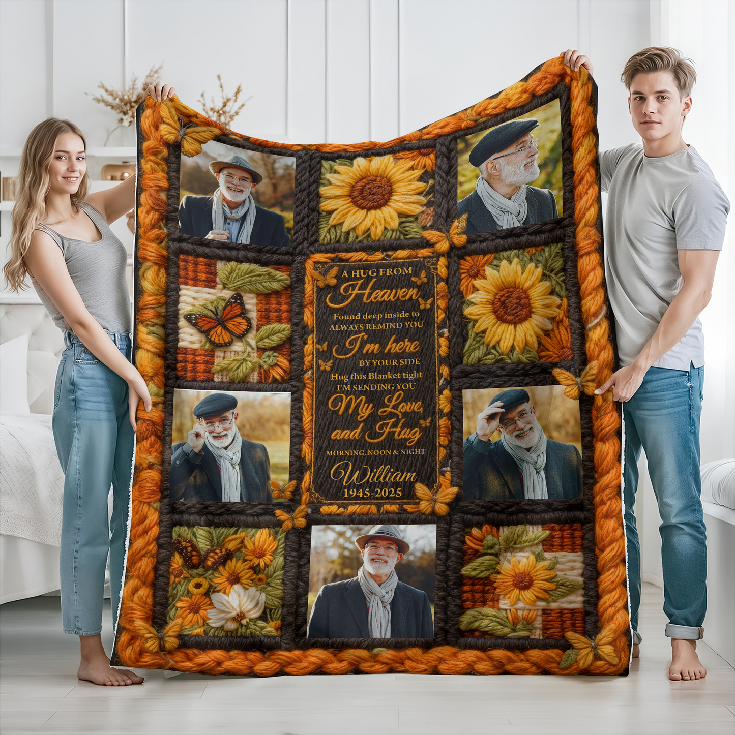 Personalized "A Hug From Heaven" sunflower yarn crochet memorial blanket.