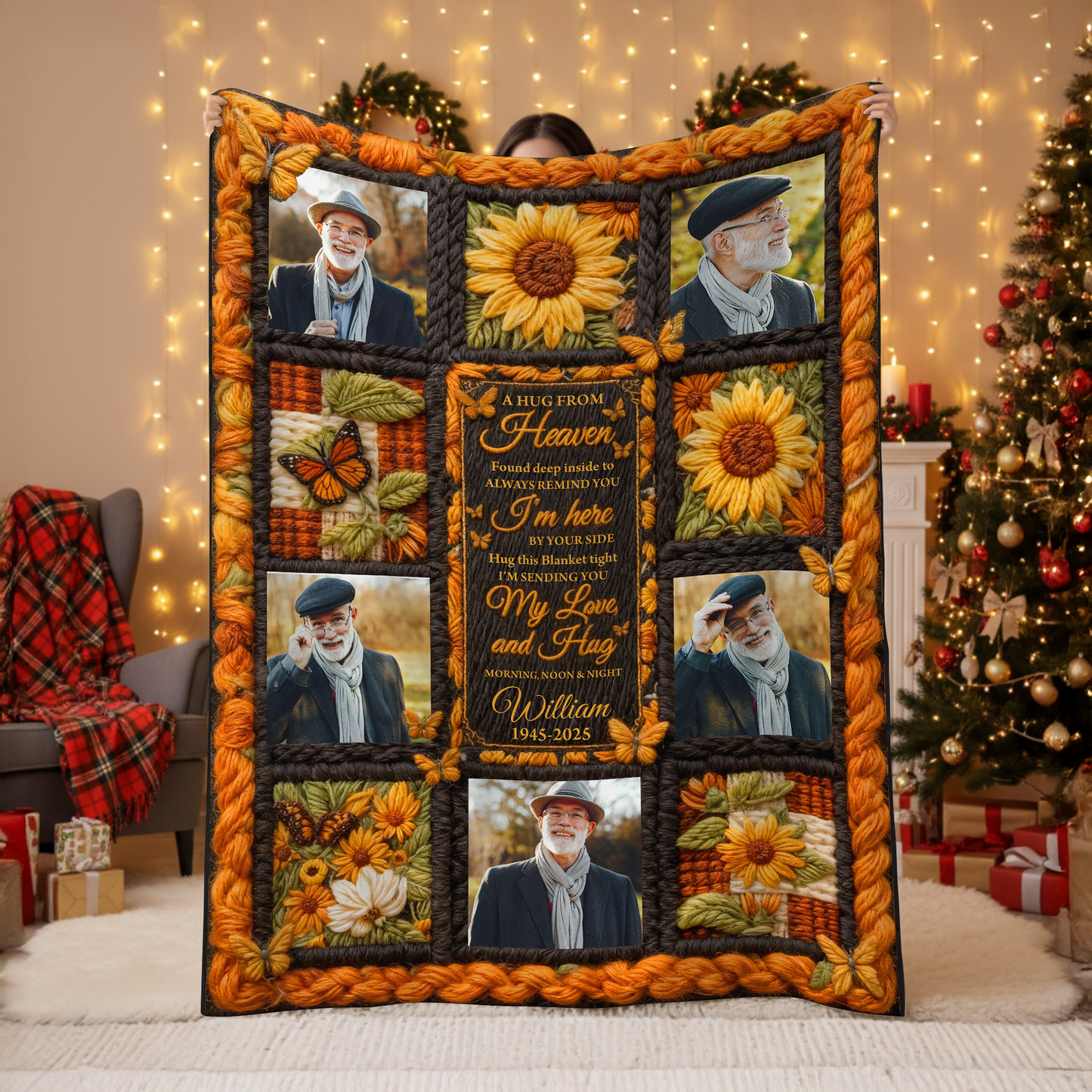 Personalized "A Hug From Heaven" sunflower yarn crochet memorial blanket.