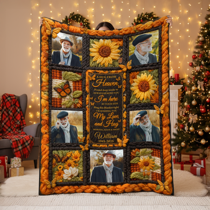 Personalized "A Hug From Heaven" sunflower yarn crochet memorial blanket.