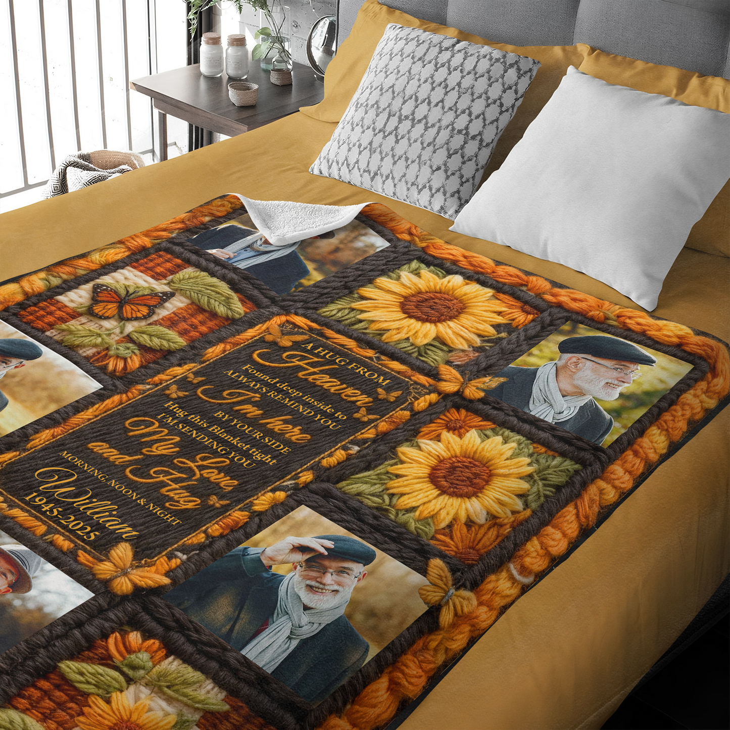 Personalized "A Hug From Heaven" sunflower yarn crochet memorial blanket.