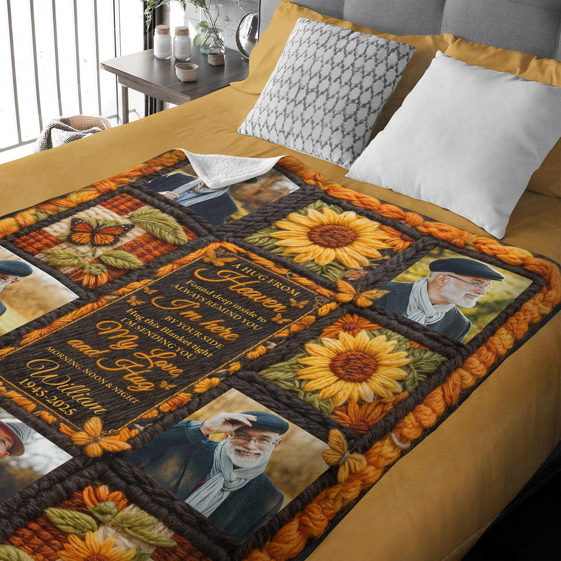Personalized "A Hug From Heaven" sunflower yarn crochet memorial blanket.