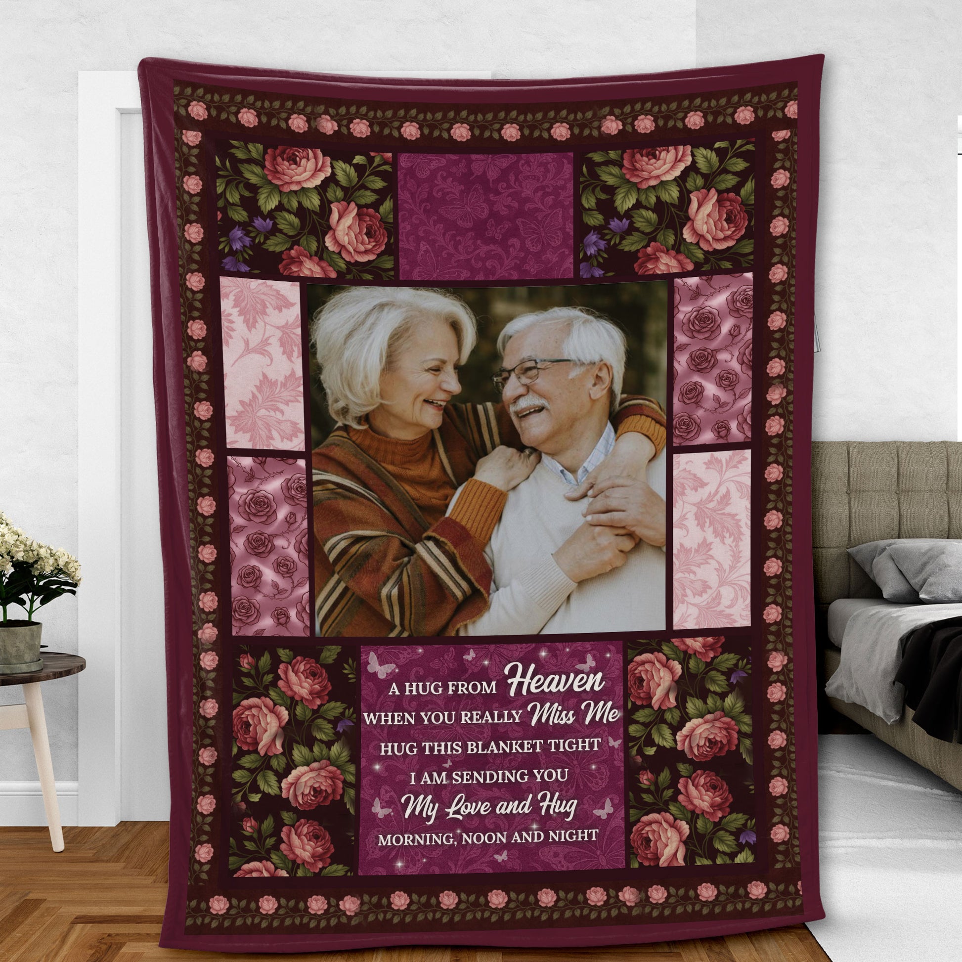 Personalized memorial blanket with "A Hug From Heaven" design; comforting sympathy gift.