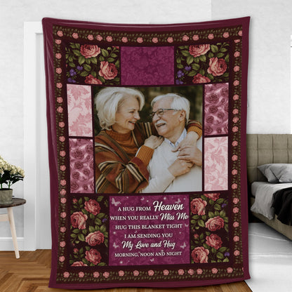 Personalized memorial blanket with "A Hug From Heaven" design; comforting sympathy gift.