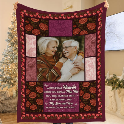 Personalized memorial blanket with "A Hug From Heaven" design; comforting sympathy gift.