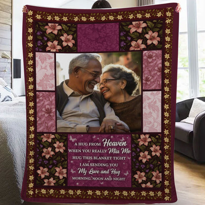 Personalized memorial blanket with "A Hug From Heaven" design; comforting sympathy gift.