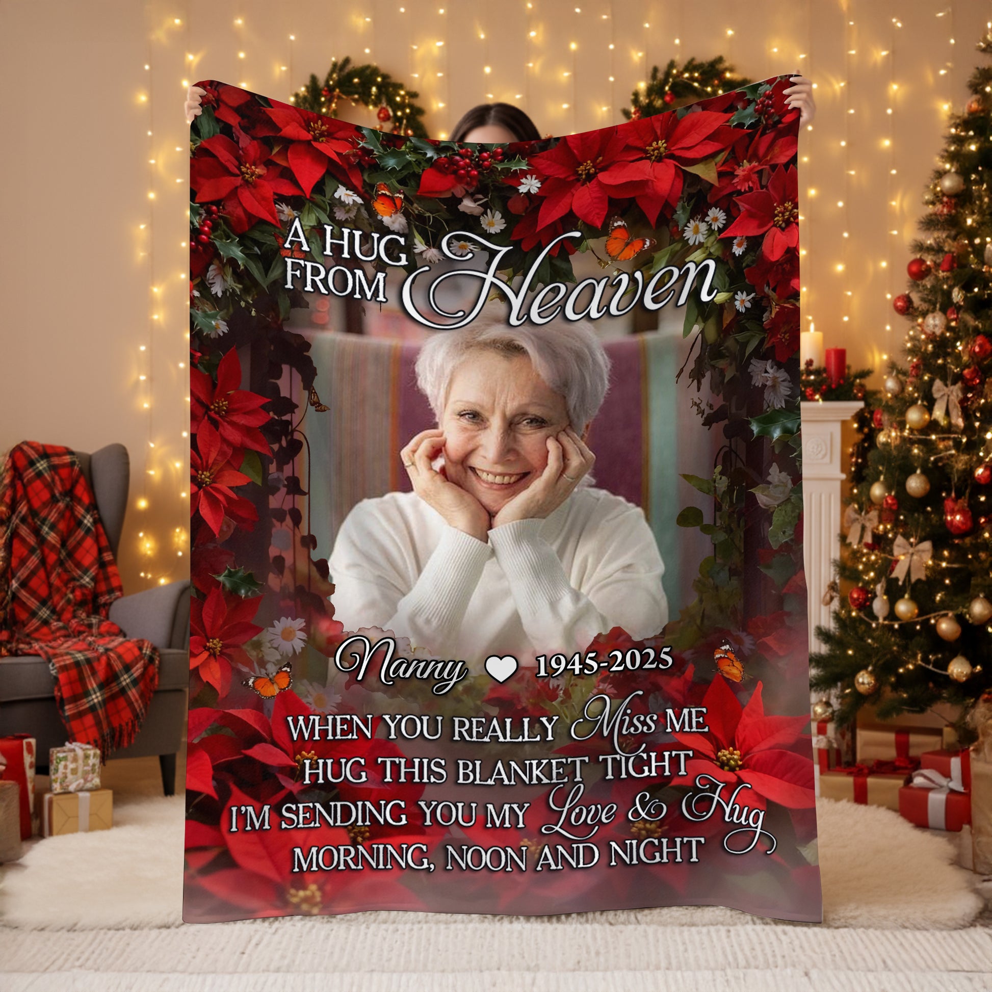 A Hug From Heaven memorial blanket with a wreath and personalized text.