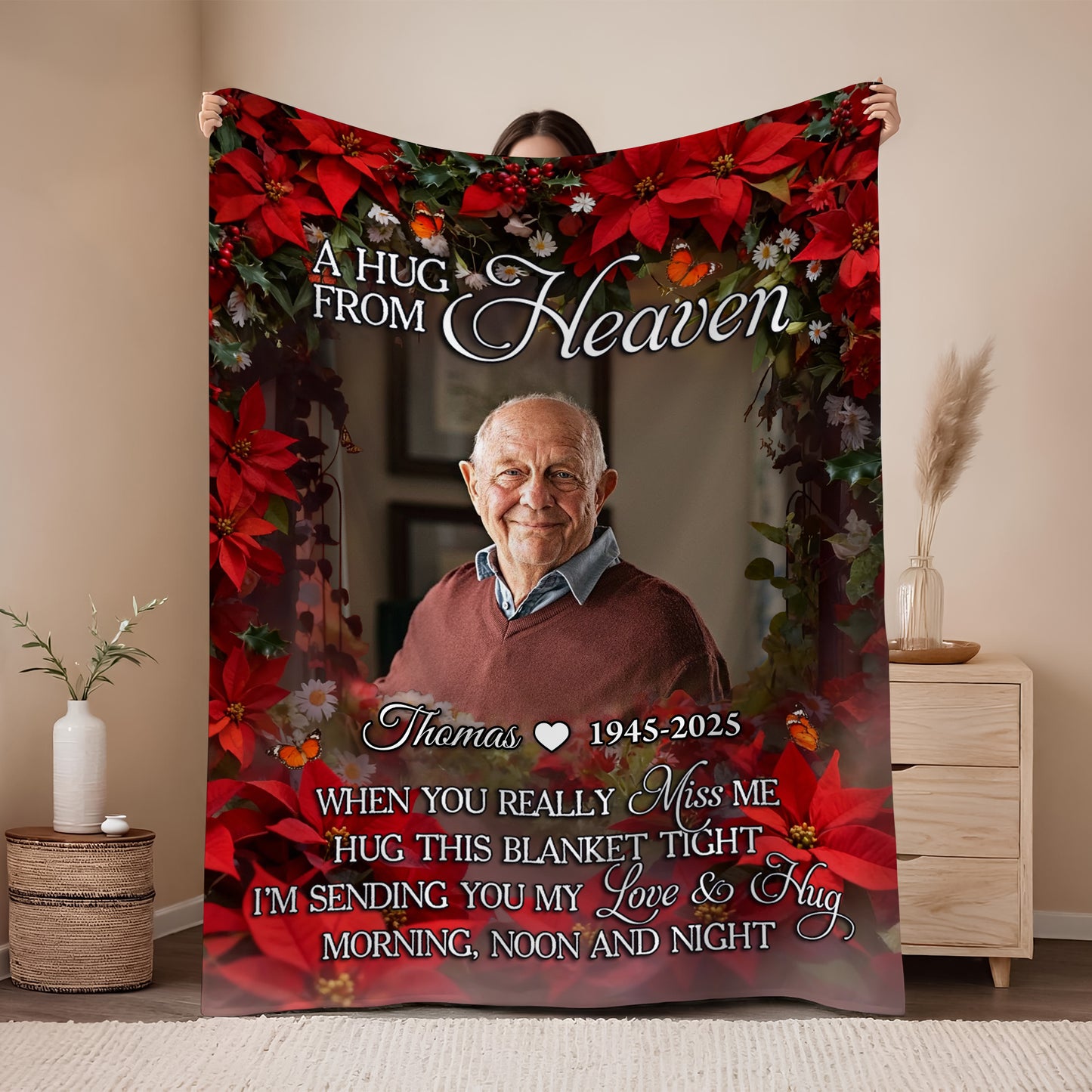 A Hug From Heaven memorial blanket with a wreath and personalized text.