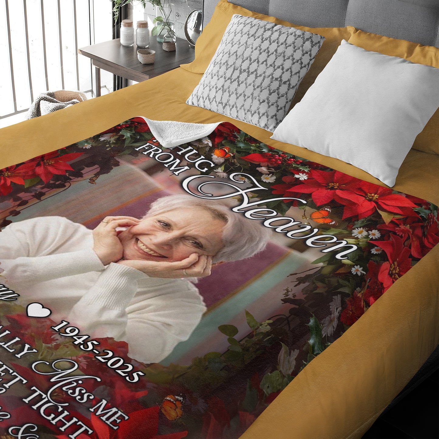 A Hug From Heaven memorial blanket with a wreath and personalized text.