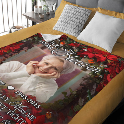 A Hug From Heaven memorial blanket with a wreath and personalized text.