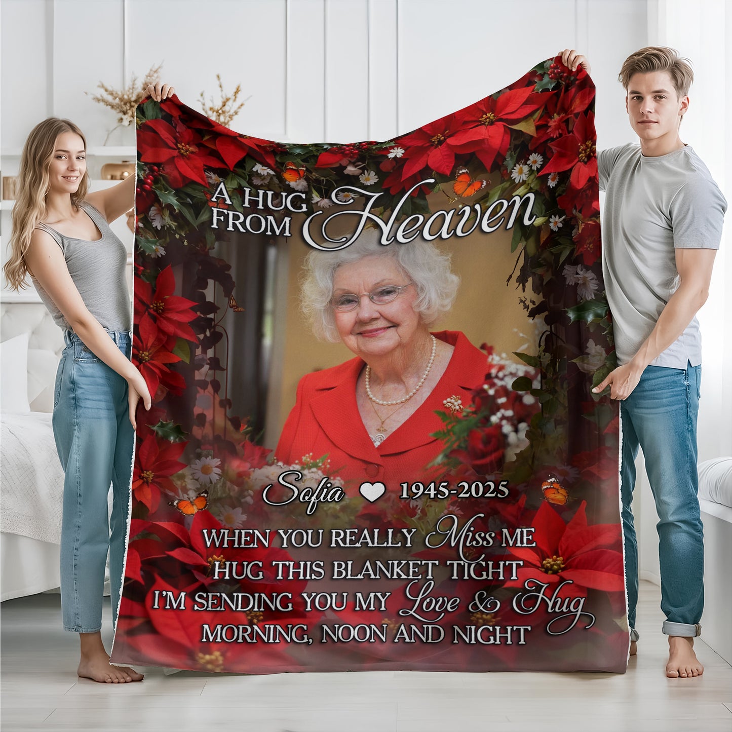 A Hug From Heaven memorial blanket with a wreath and personalized text.