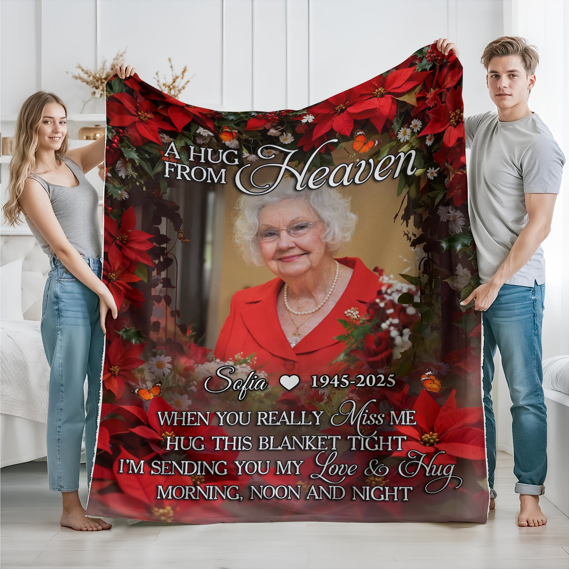 A Hug From Heaven memorial blanket with a wreath and personalized text.