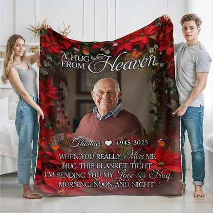 A Hug From Heaven memorial blanket with a wreath and personalized text.
