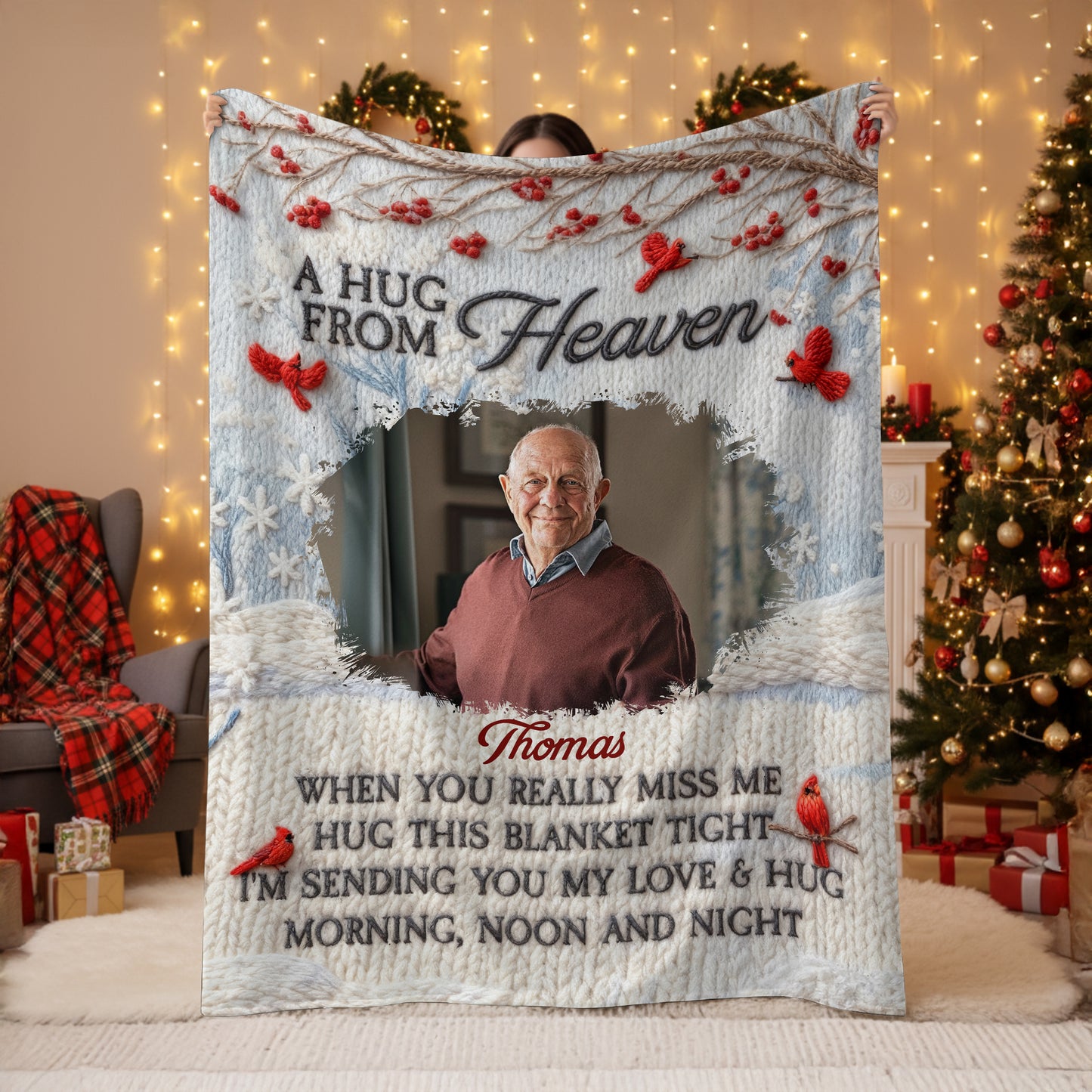 A Hug From Heaven Personalized Memorial Blanket, a comforting yarn blanket to remember loved ones.