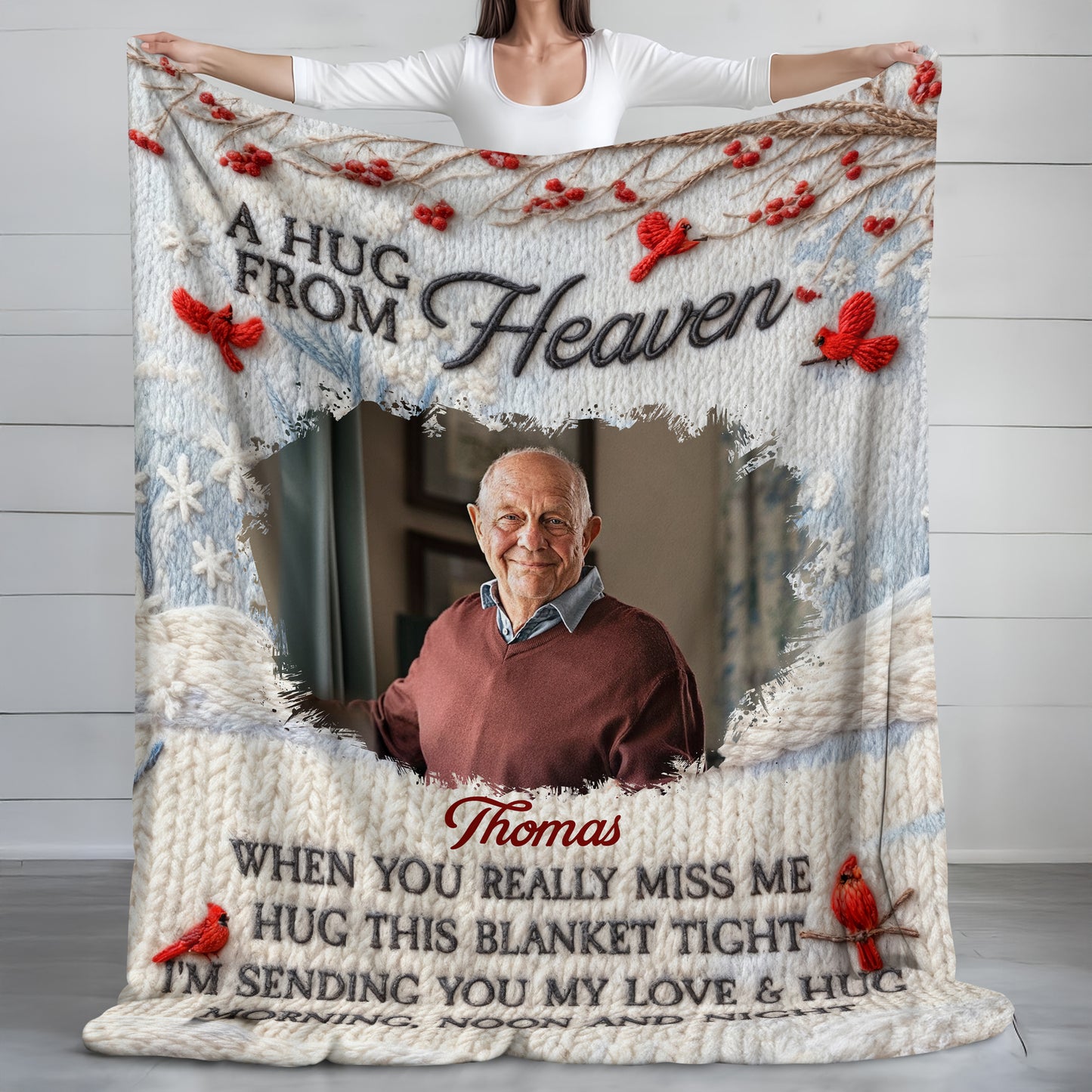 A Hug From Heaven Personalized Memorial Blanket, a comforting yarn blanket to remember loved ones.