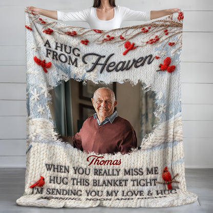 A Hug From Heaven Personalized Memorial Blanket, a comforting yarn blanket to remember loved ones.