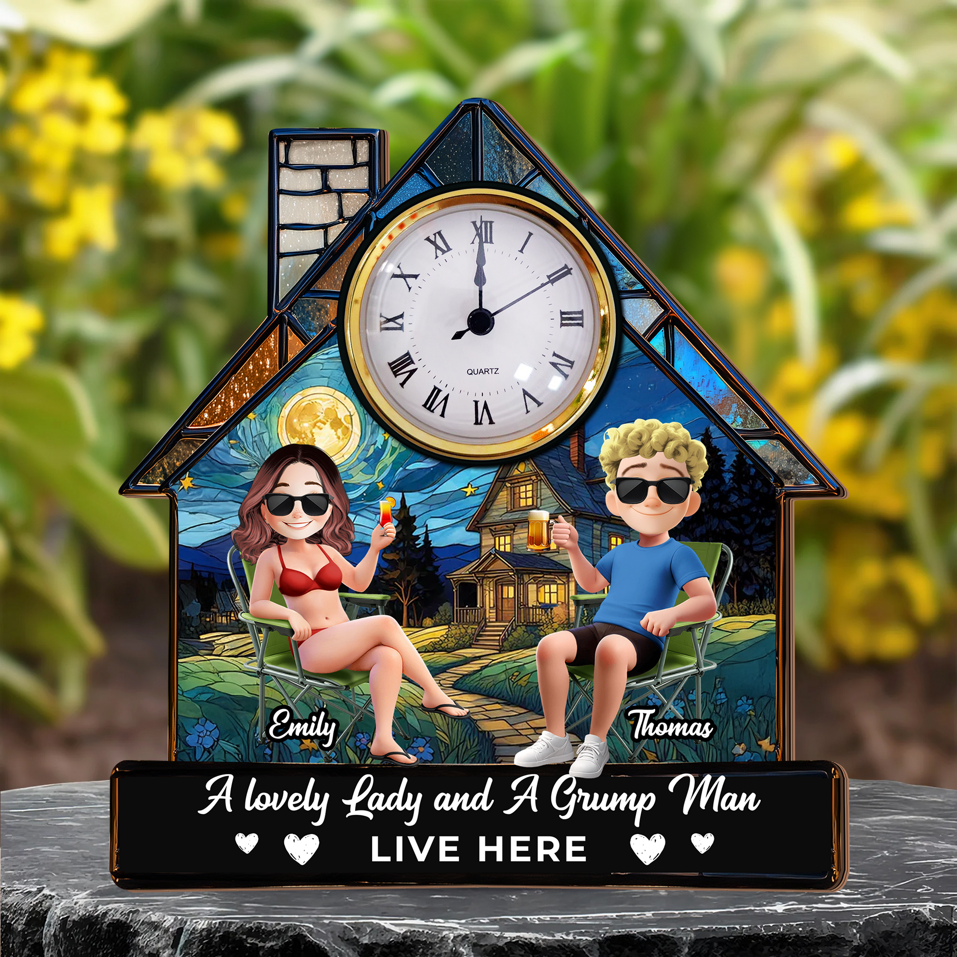 A Lovely Lady and a Grumpy Man personalized desk clock plaque gift.