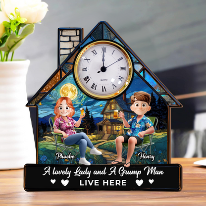 A Lovely Lady and a Grumpy Man personalized desk clock plaque gift.