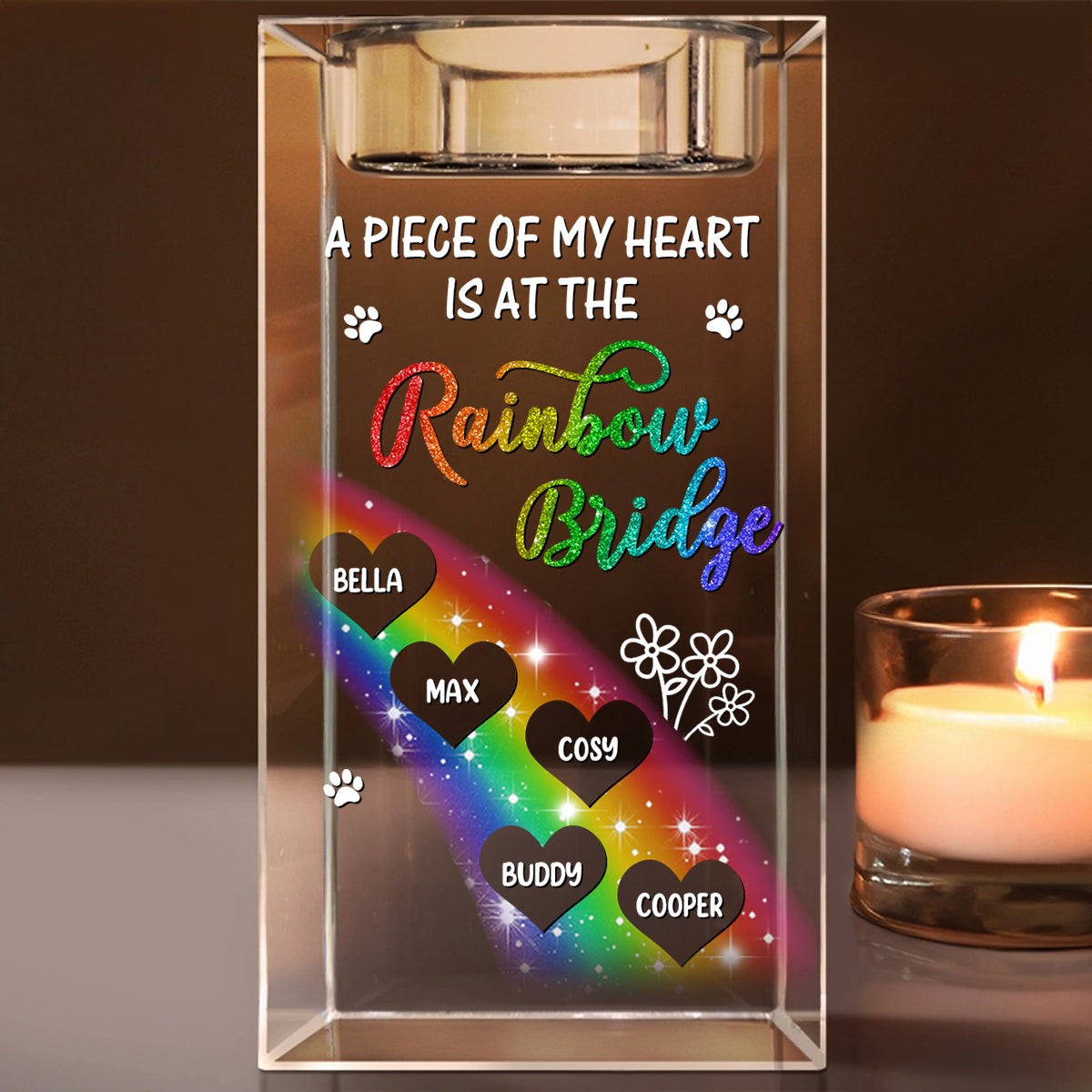 A Piece of My Heart personalized crystal candle holder, showcasing engraved names and a heartfelt design.