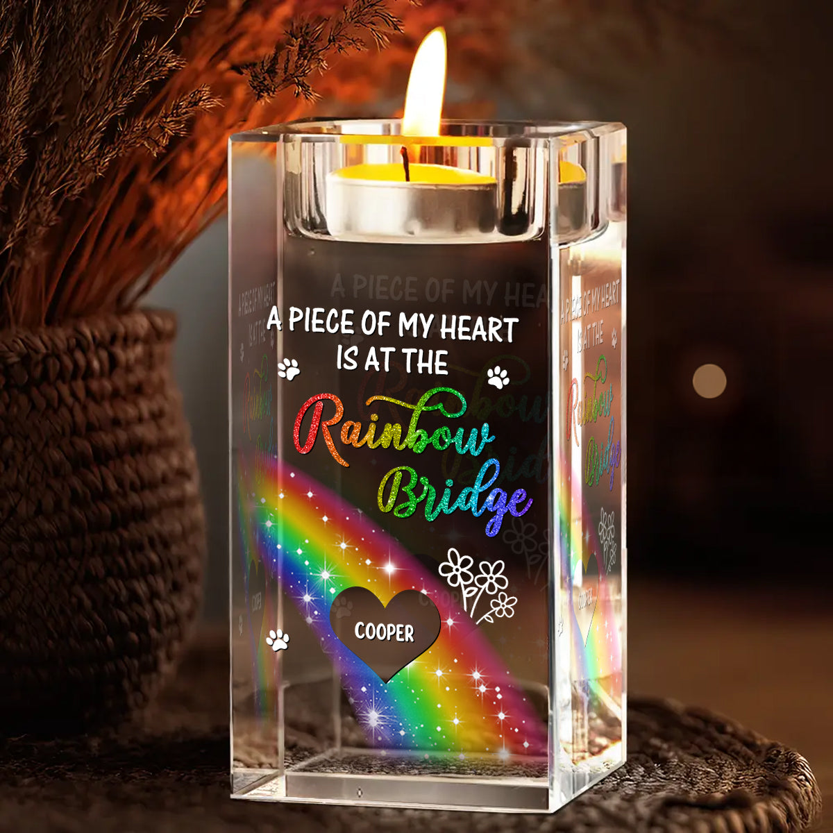 A Piece of My Heart personalized crystal candle holder, showcasing engraved names and a heartfelt design.