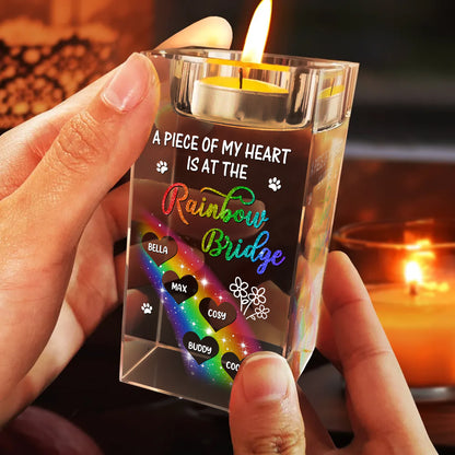 A Piece of My Heart personalized crystal candle holder, showcasing engraved names and a heartfelt design.