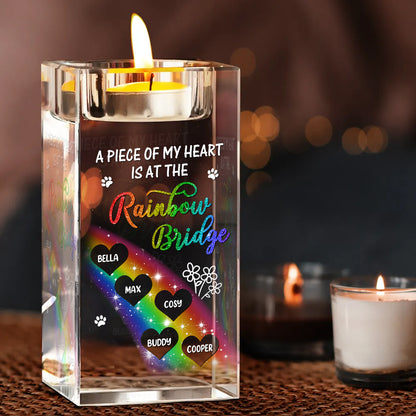 A Piece of My Heart personalized crystal candle holder, showcasing engraved names and a heartfelt design.