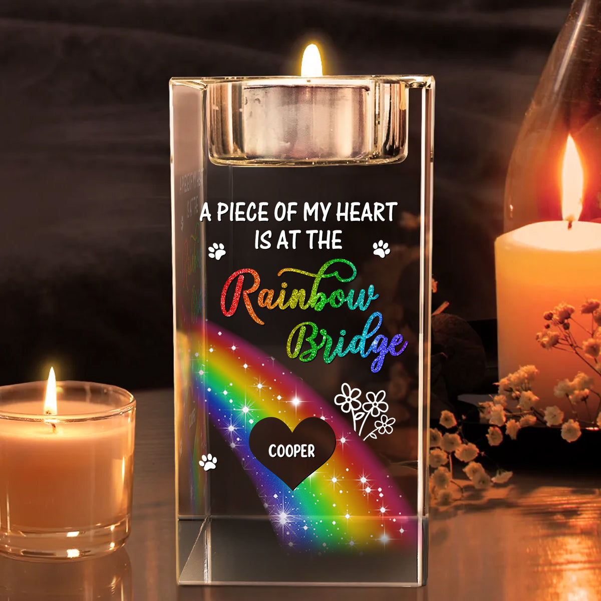 A Piece of My Heart personalized crystal candle holder, showcasing engraved names and a heartfelt design.
