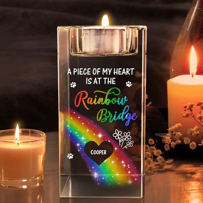 A Piece of My Heart personalized crystal candle holder, showcasing engraved names and a heartfelt design.