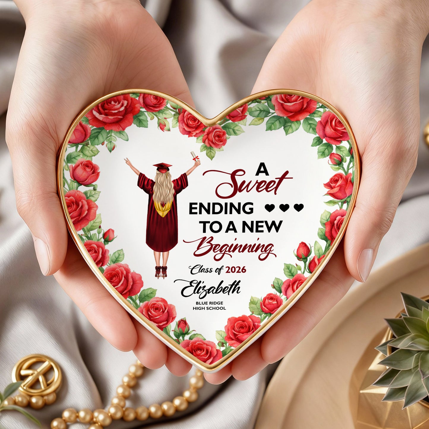 A Sweet Ending To A New Beginning - Personalized Heart Jewelry Dish - Graduation Gifts