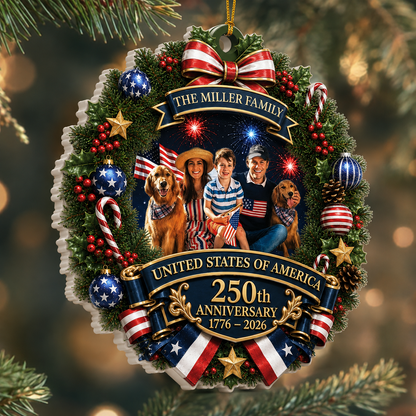 Family Photo America 250th Anniversary Christmas Names - Real 3D Relief Ornament 2