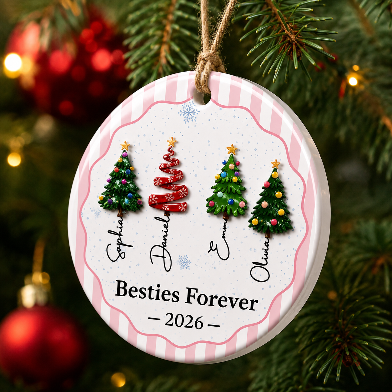 Christmas Tree Ornament Friends Forever Striped Patterns - Real 3D Ceramic Ornament